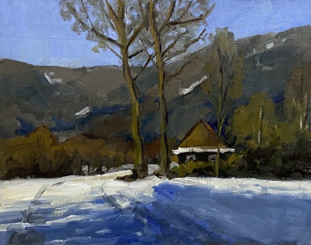 Shadows on the snow lead to two trees and a cabin. In the background are partly snowed on hills.